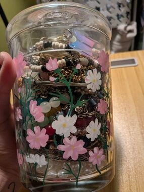 Floral Glass Jar with Pink & White Flower Design
